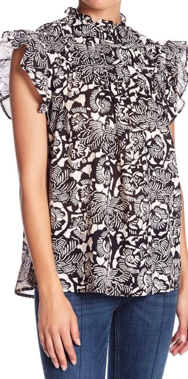 Banjanan Klara Top S Black White Floral Block Print Cotton Ruffle Flutter Sleeve